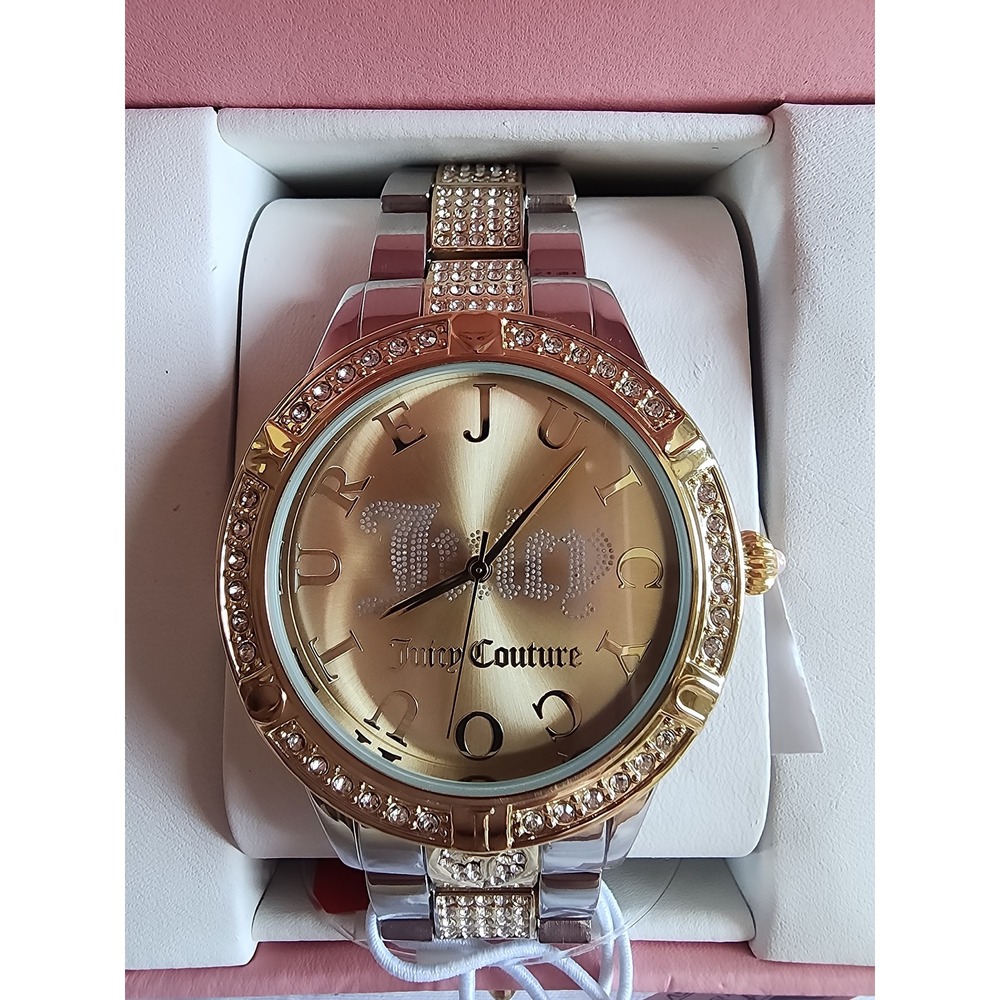 Juicy Couture Womens Two Tone Crystal Bezel Watch Gold Dial JC/1350SVGP